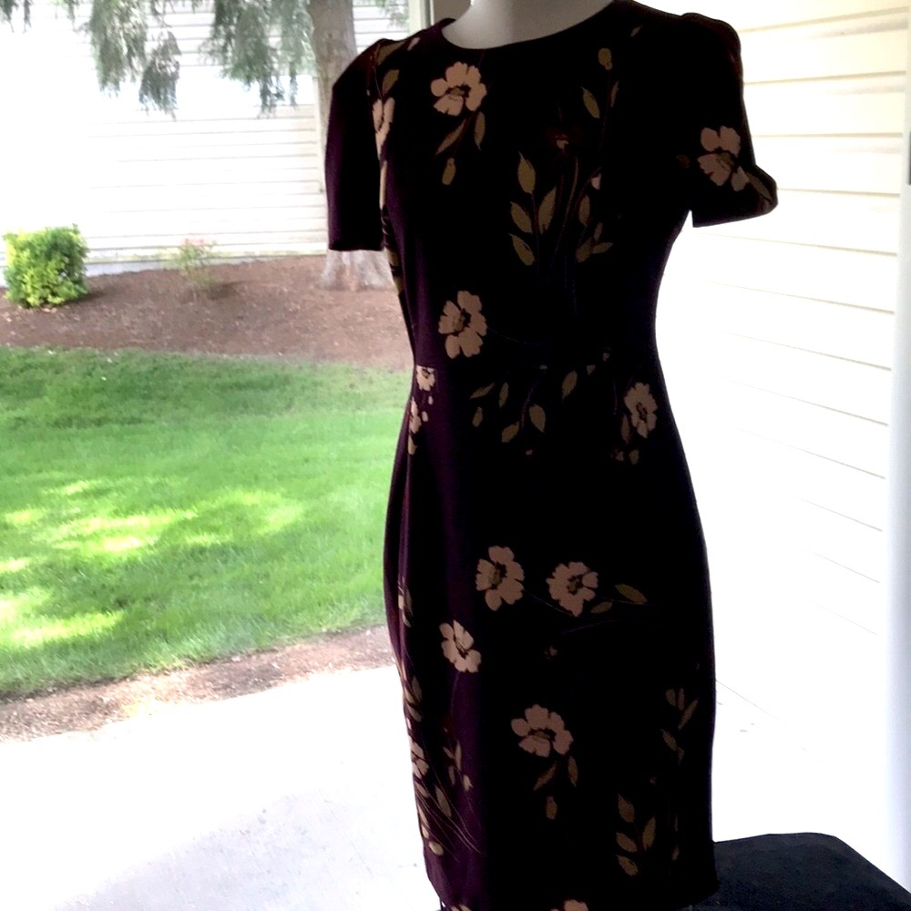 Women’s CALVIN KLEIN Plum Floral Print Casual Bodycon Midi Sheath Dress Sz 10